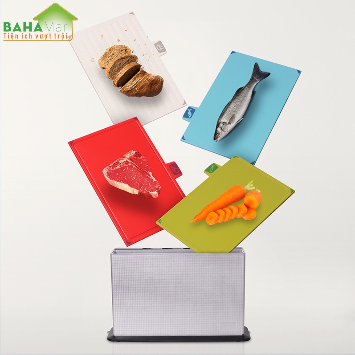 BỘ DAO THỚT 4 MÀU CÓ PHÂN LOẠI SỬ DỤNG THEO THỰC PHẨM BAHAMAR để tránh lây nhiễm chéo của thành phần loài vi khuẩn và ảnh hưởng đến chất lượng thực