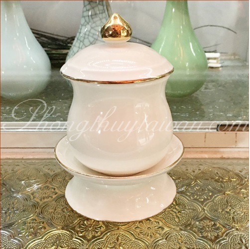Bộ đồ cúng Sứ Trắng trơn Viền Vàng - thờ cúng