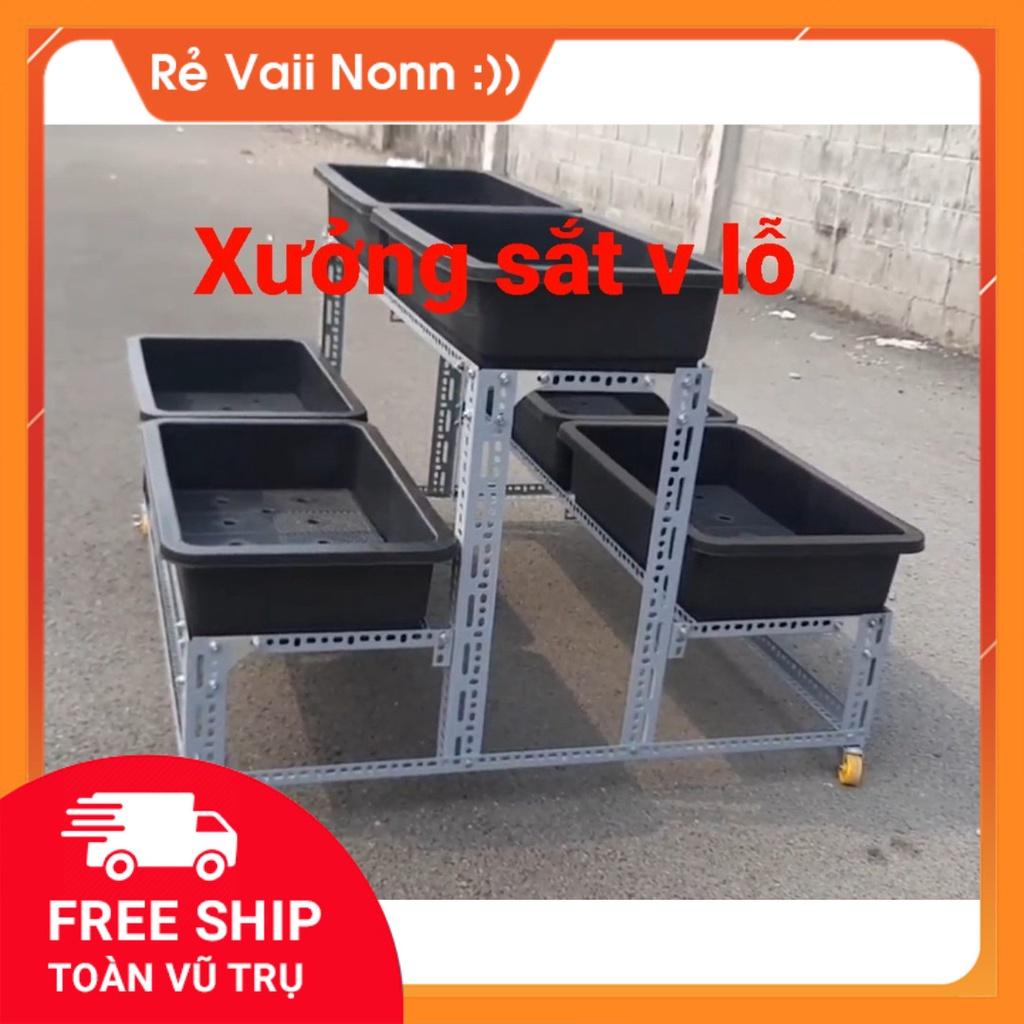 Kệ sắt trồng rau thông minh 2 tâng 6 khay nhựa có bánh xe bao chắc chắn,
