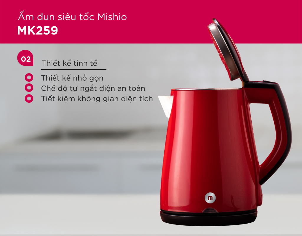 Ấm Đun Siêu Tốc Mishio MK259 1500W 1.7 Lít inox 304 - Hàng chính hãng