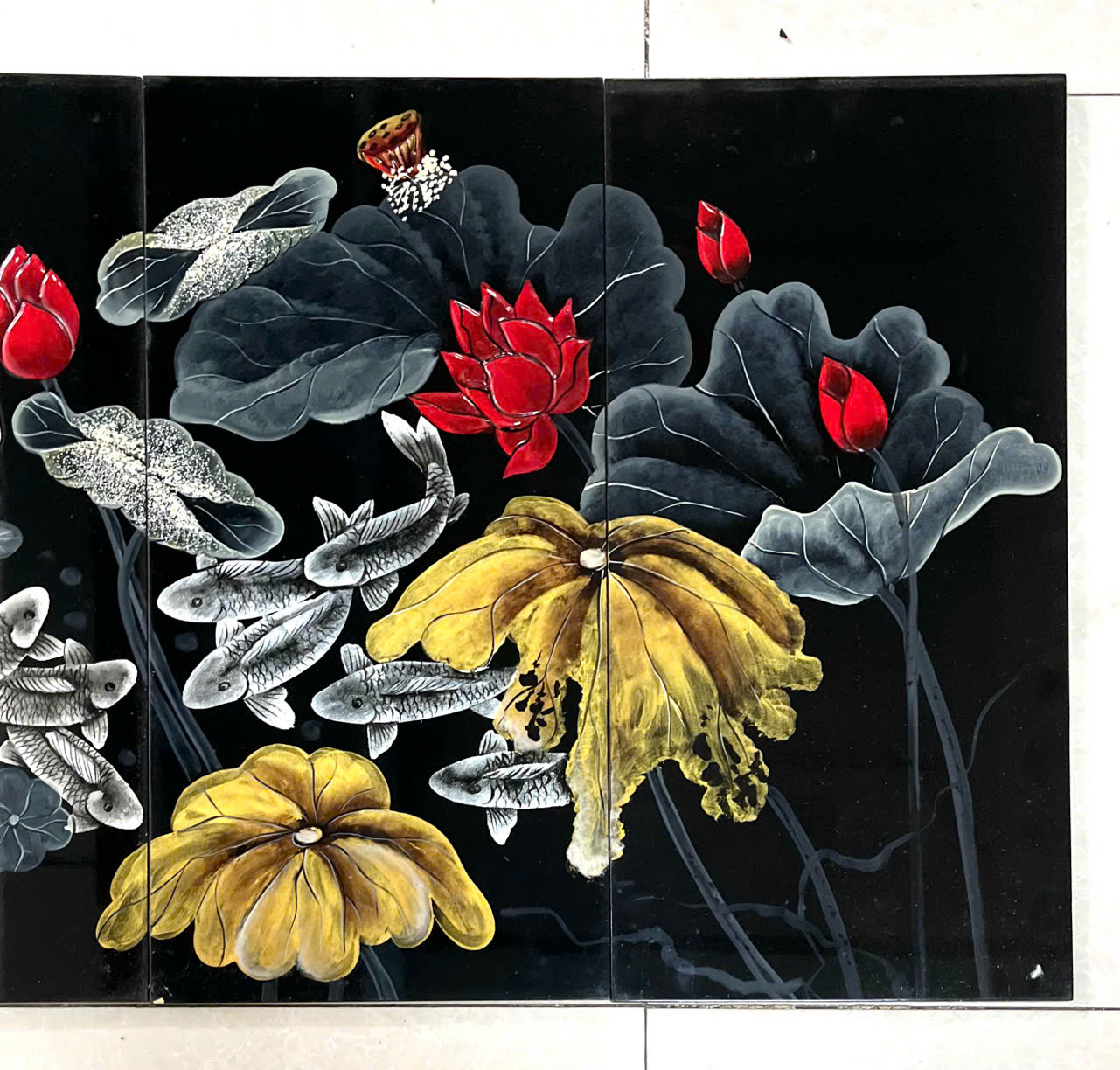 Bộ Tranh sơn mài Thanh Bình Lê 4 tấm- Hoa Sen  đắp nổi 3D size 60x120 cm hàng xuất khẩu