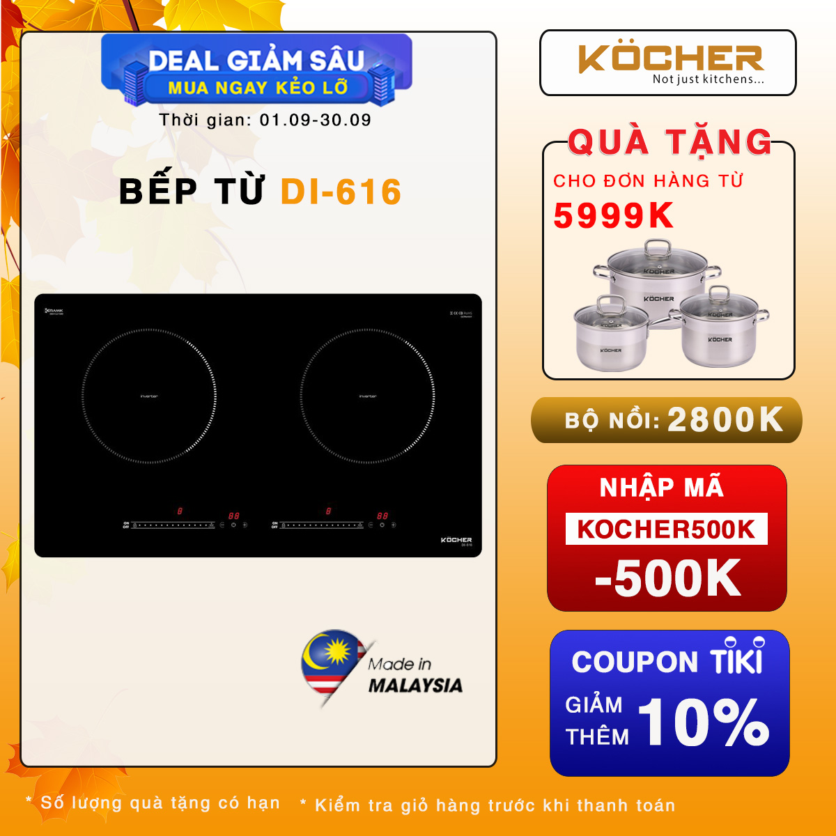 Bếp Điện Từ Đôi Kocher DI-616 Công Nghệ Inverter, tiết kiệm điện, Nhiều tính năng - Hàng chính hãng