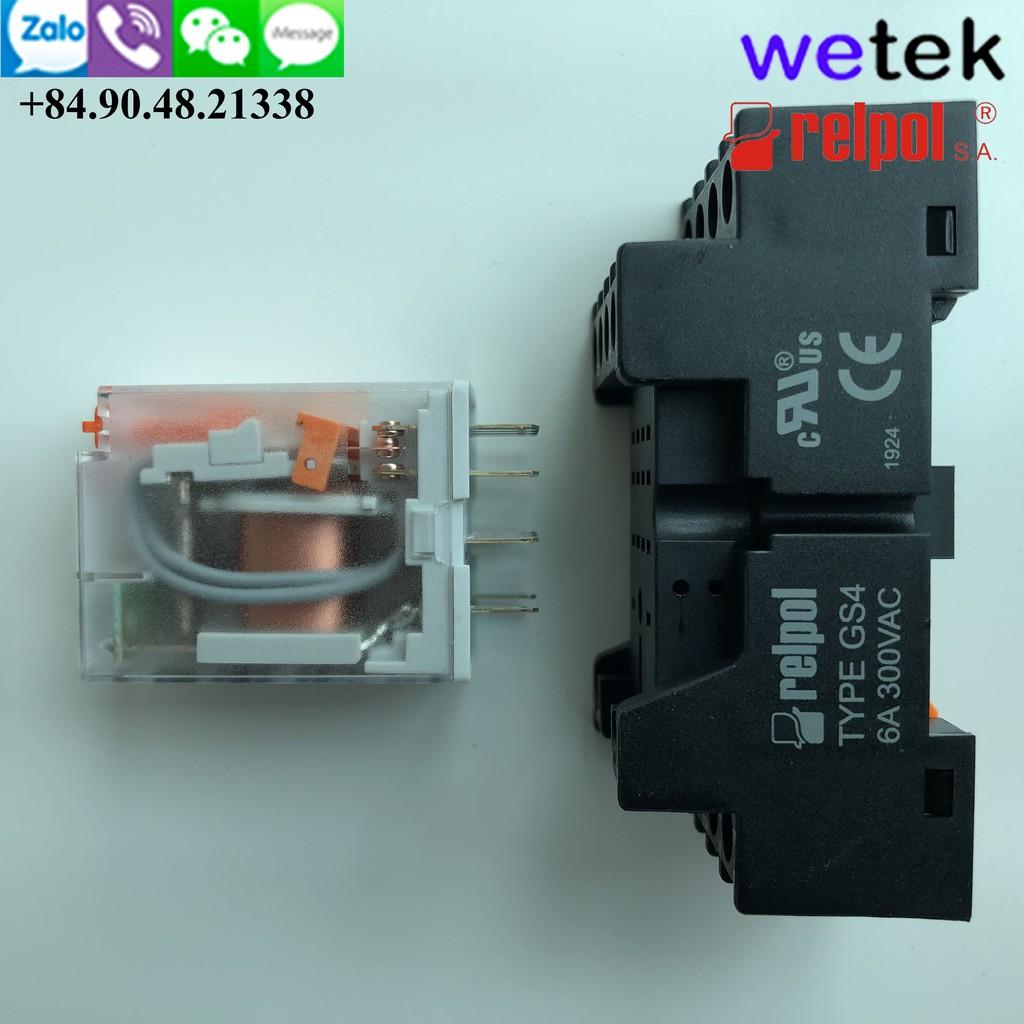 Relay trung gian 4 cặp tiếp điểm 7A Relpol made in Poland R4N kèm đế, cuộn hút 220Vac