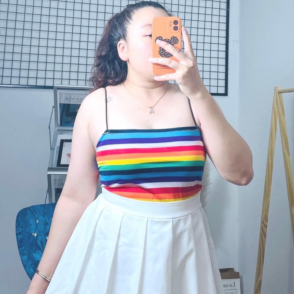 Áo hai dây bigsize thun nữ cao cấp croptop dáng ôm sọc cầu vồng DS
