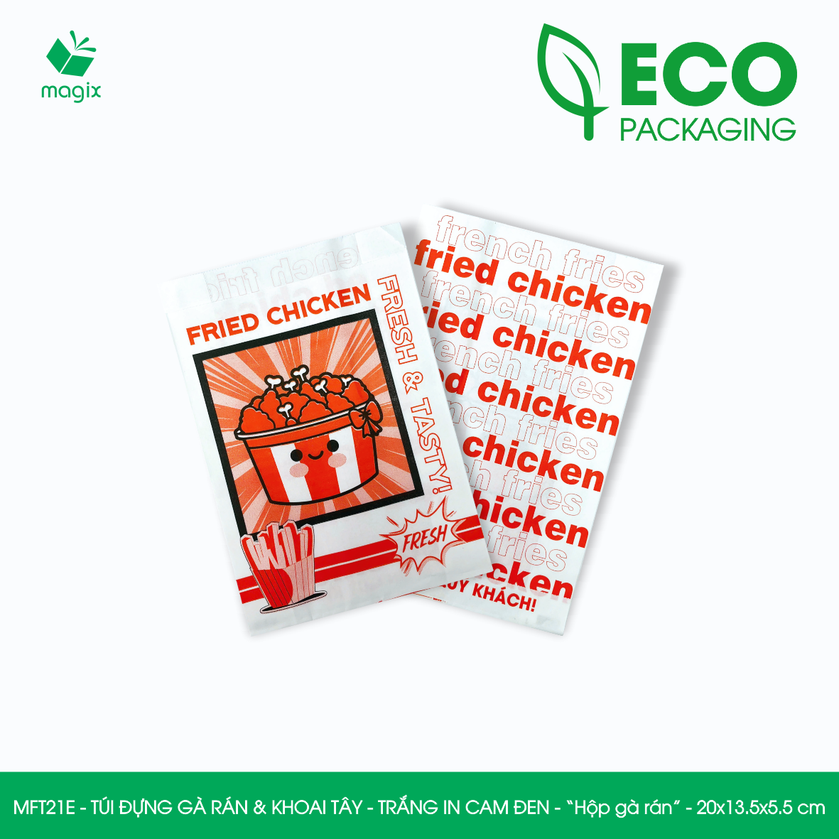 MFT21E - 20x13.5x5.5 cm - 100 Túi giấy MG đựng gà rán và khoai tây chiên, túi đựng thực phẩm