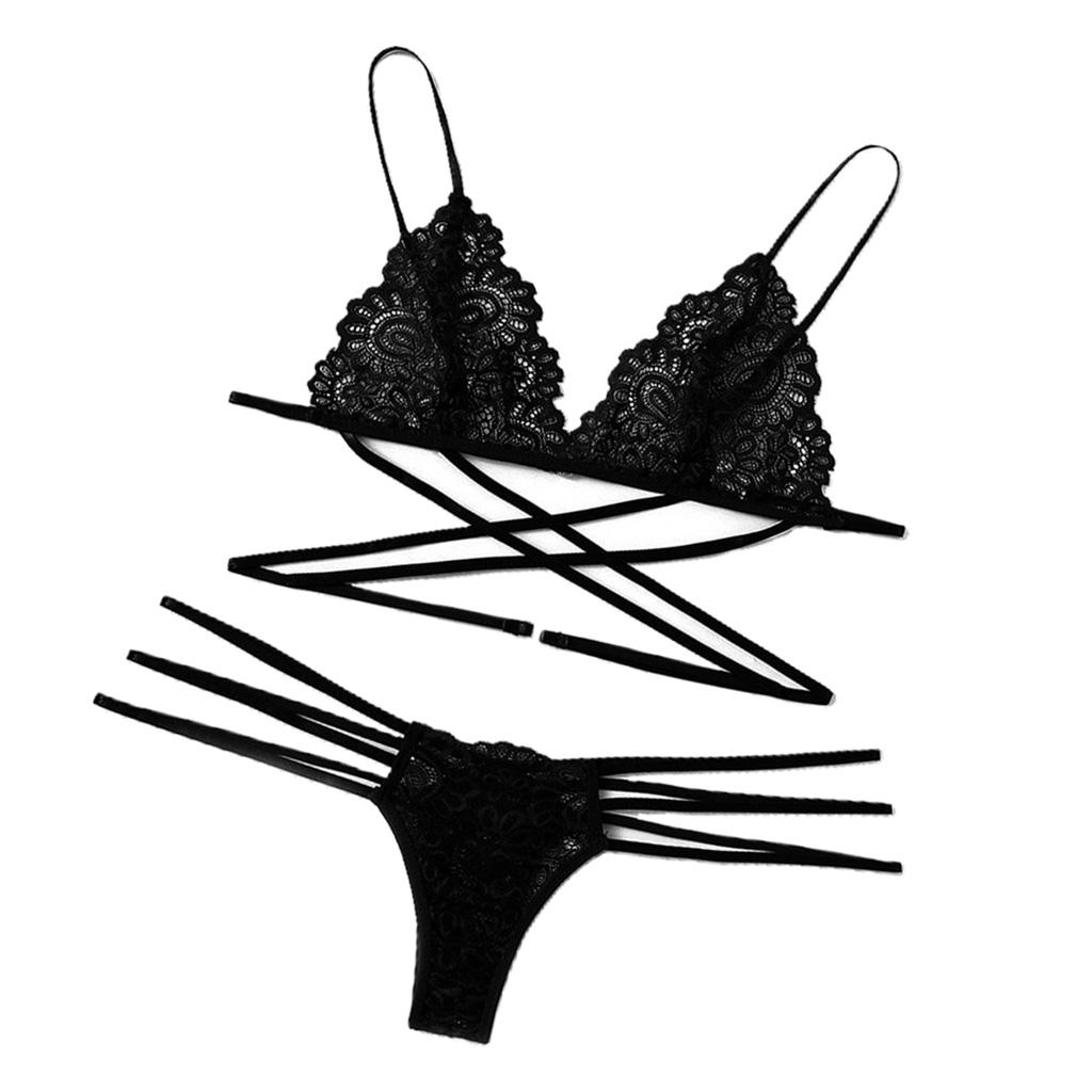 Womens 2 Piece Lace Hollow Perspective Bikini Swimsuit Beach Swimwear Set Black