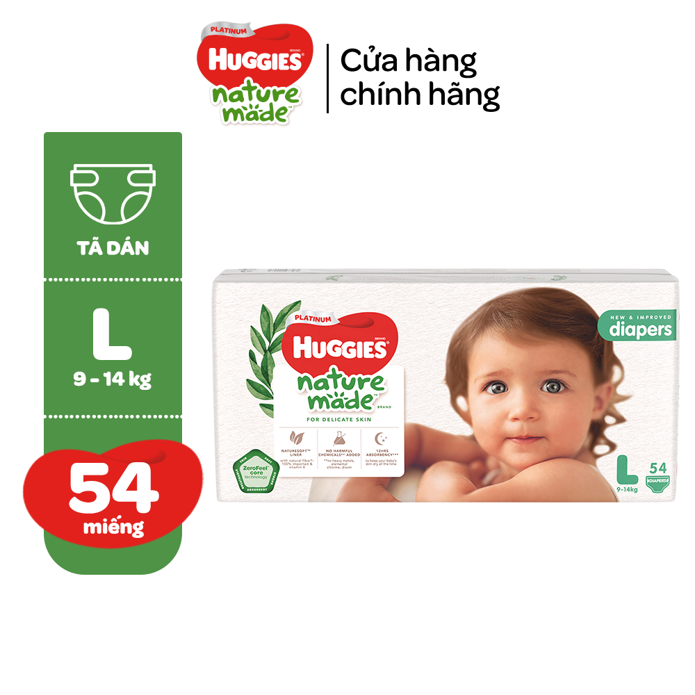 Tã/Bỉm dán Huggies Platinum NatureMade L54 -Gói Jumbo 54 miếng