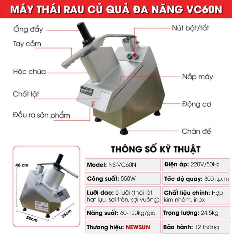 Máy thái rau củ quả đa năng VC60N - Bản nâng cấp mới Newsun - Hàng chính hãng