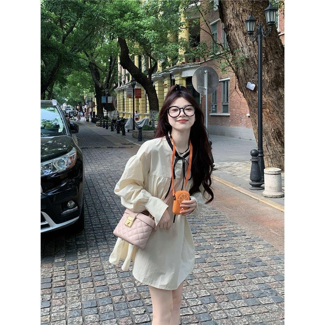 SHUANGYAN 2023 Pháp Vintage ren-up bong bóng tay áo đầm mùa xuân và mùa thu nữ dài tay áo lỏng lẻo váy ngắn ẩm ướt