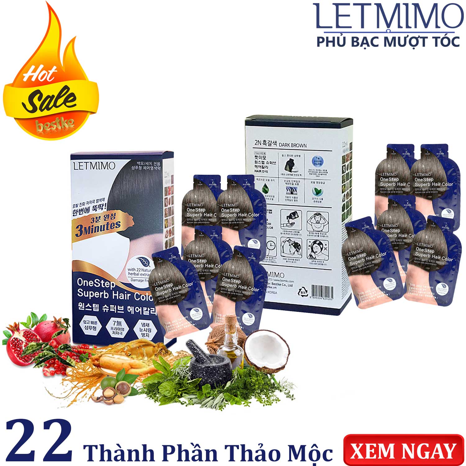 Combo 2 hộp Thuốc nhuộm tóc LETMIMO màu nâu đen_2N, phủ bạc tại nhà dạng gội đầu, mỗi hộp 5 gói, nhập khẩu Hàn Quốc