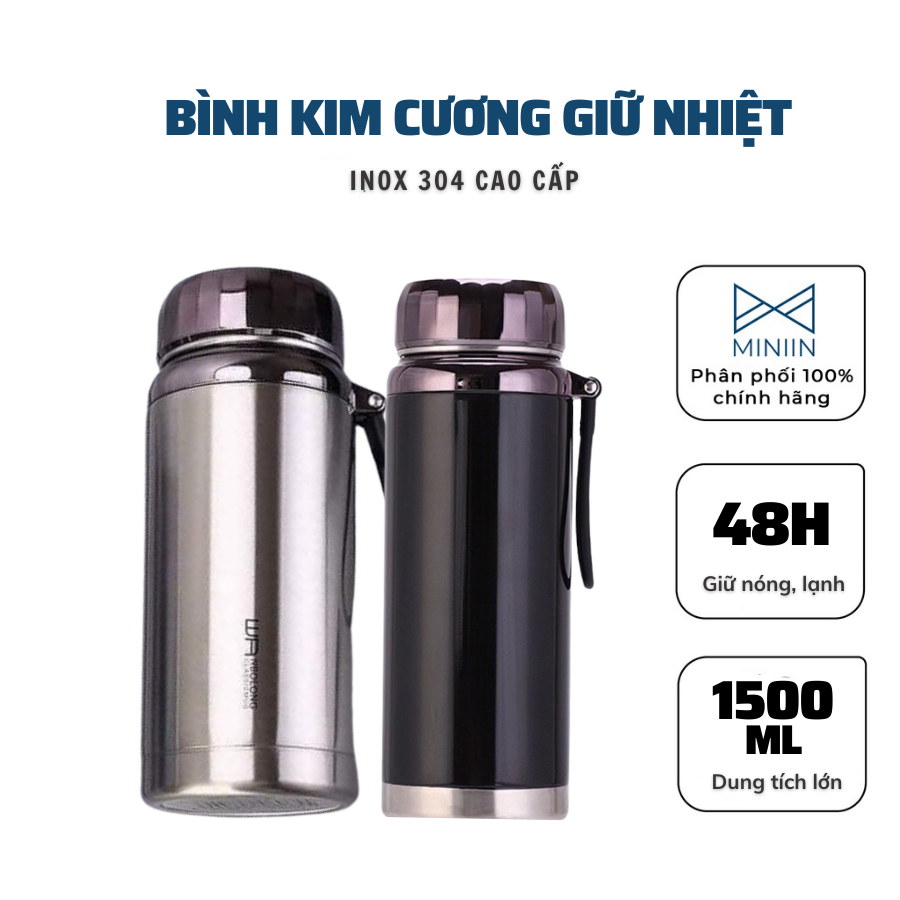 Bình Giữ Nhiệt Kim Cương Inox 304- Chống Rỉ Set, Nắp Đậy Chặt, Giữ Nhiệt Nóng Lạnh Tốt 6- 8h, Quai Đeo Chắc Chắn, Thiết Kế Sang Trọng, Màu Sắc Thanh Lịch, Tiện Lợi, Pha Lọc Trà, Hàng Chính Hãng MINIIN – 1500ml