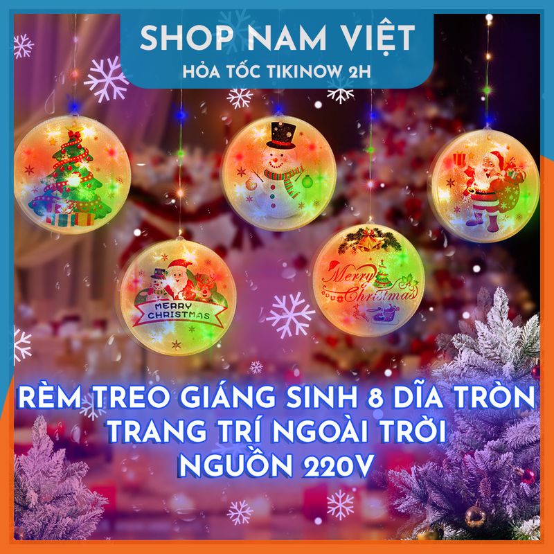 Dây Led Rèm Treo Trang Trí Giáng Sinh 8 Dĩa Tròn Chống Nước Trang Trí Ngoài Trời