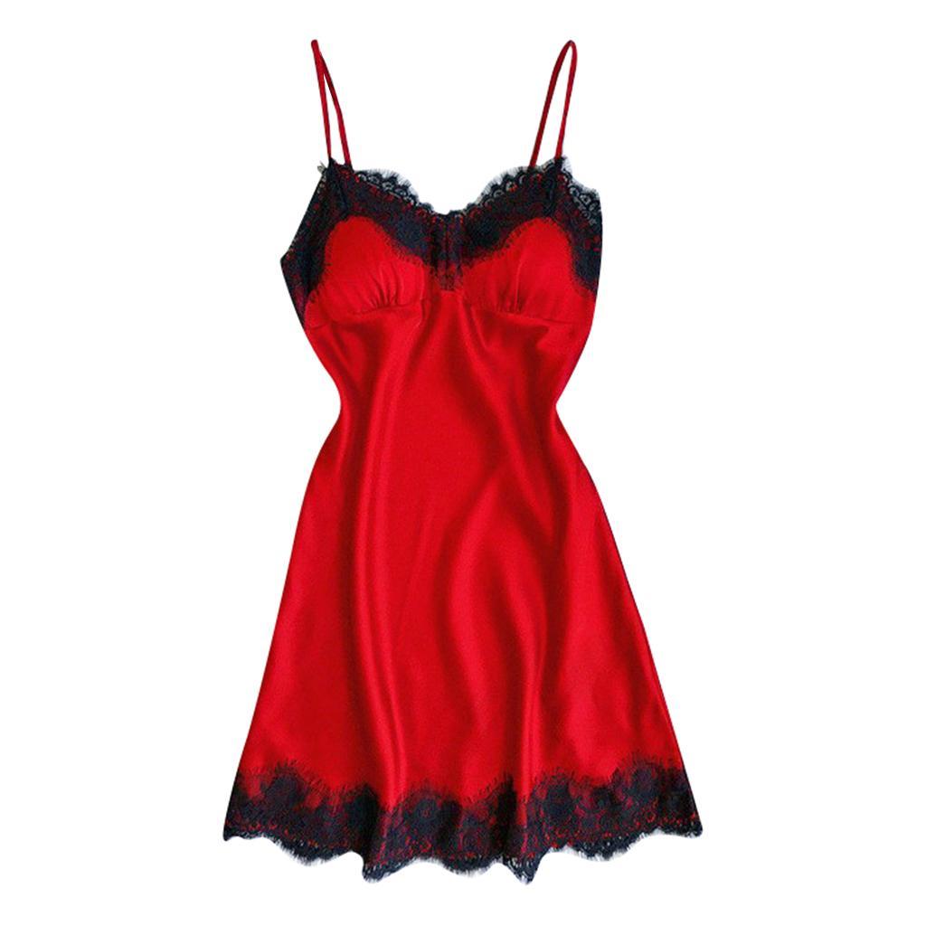 Women  Lace Trim Satin Nightdress Lingerie Sleepwear Night Gown