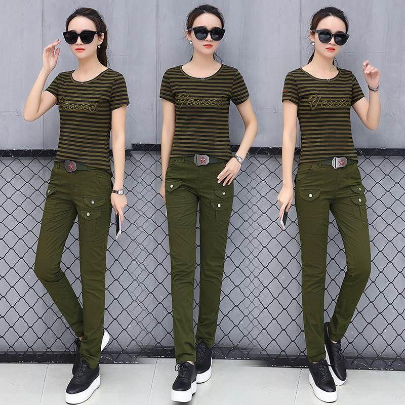 Sét đồ bộ nữ quần kaki lính phối áo thun sọc cực ngầu mẫu mới giá rẻ đẹp có bigsize
