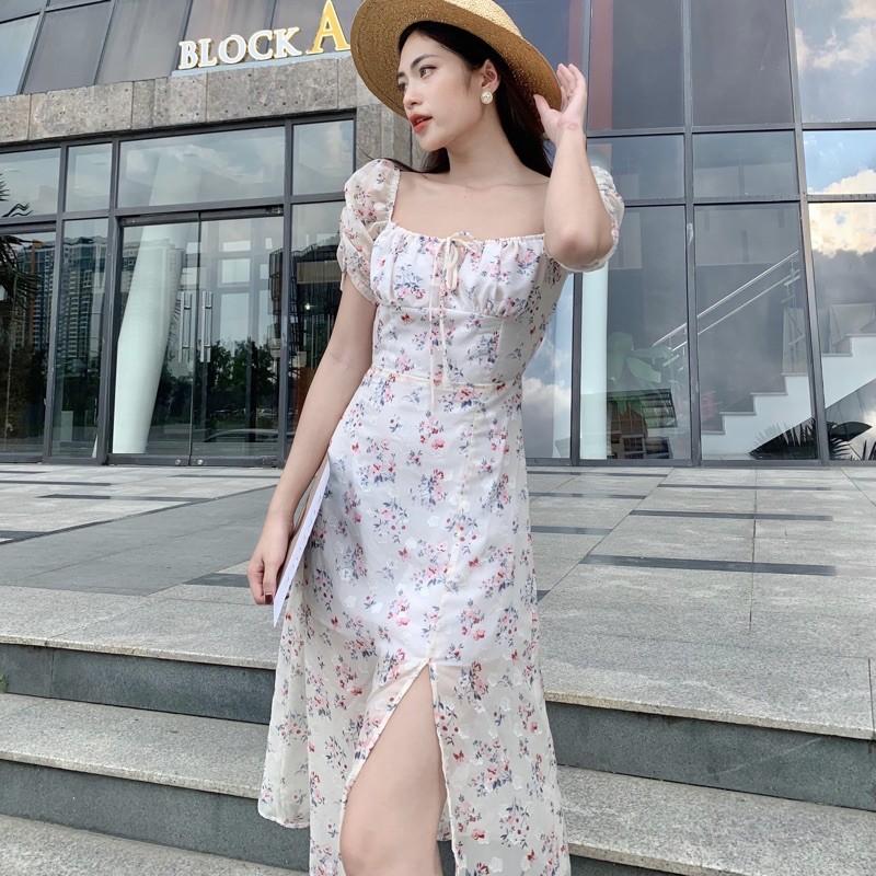 Đầm lụa hoa nhí thắt nơ ngực, xẻ tà, dáng xoè - AUDREY STUDIO
