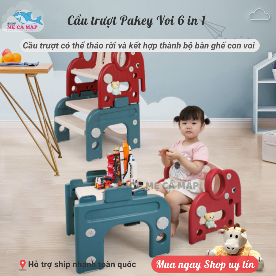 Cầu trượt cho bé PAKEY Hình Chú Voi Đa Năng 6 in 1 Hàng Cao Cấp, HÀNG SẴN KHO