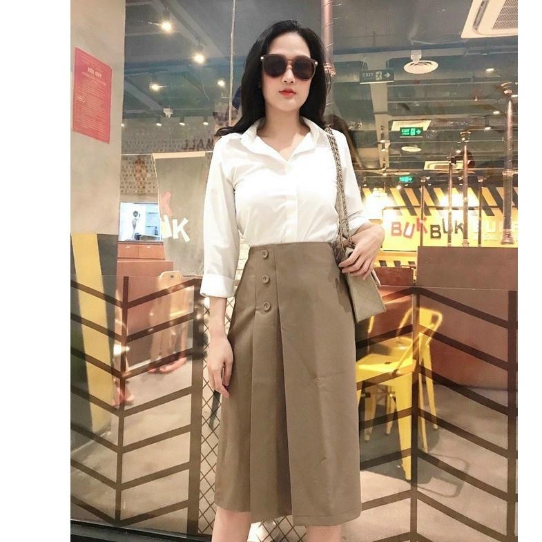 Chân váy dáng dài xòe xếp ly lệch , váy mùa hè style Ulzzang Hàn quốc