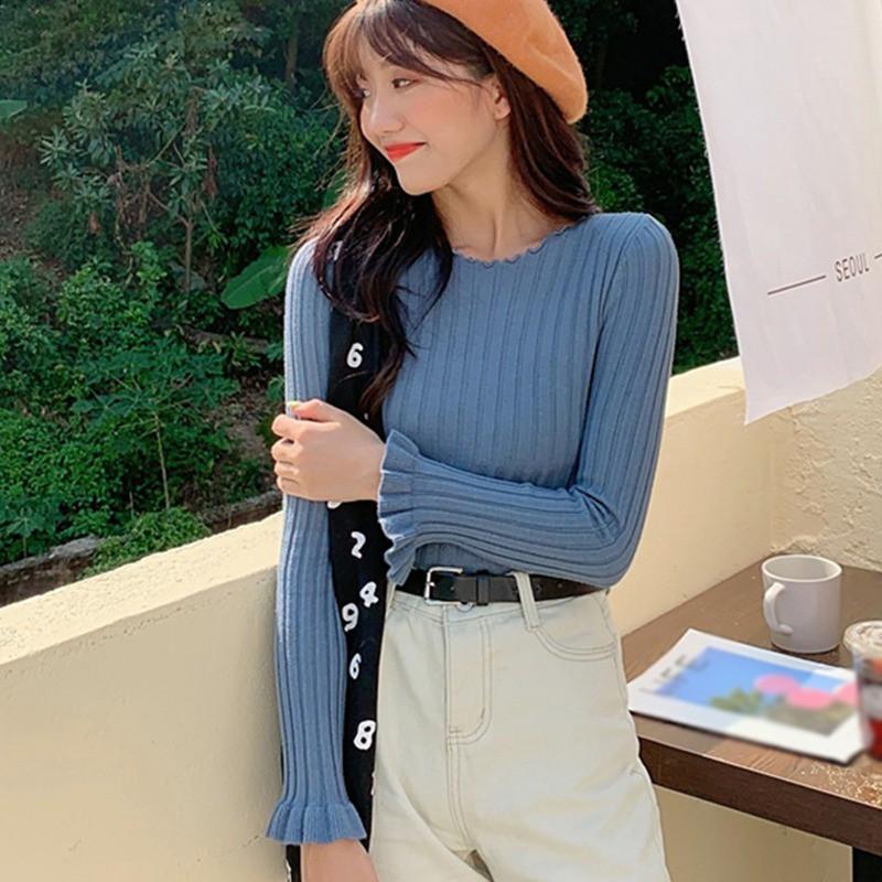 Áo Dệt Kim Tay Dài Cổ Tròn Thiết Kế Màu Trơn Thanh Lịch