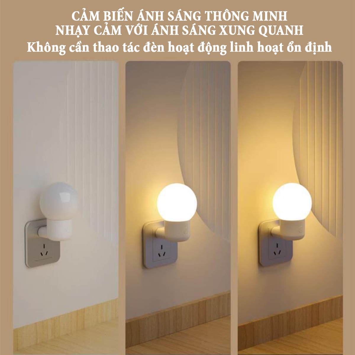 Đèn cảm ứng ánh sáng tự động bật sáng khi trời tối, đèn tắt khi trời sáng, ánh sáng 2 màu tùy chọn công suất 3W, phích cắm dẹp 2 chân