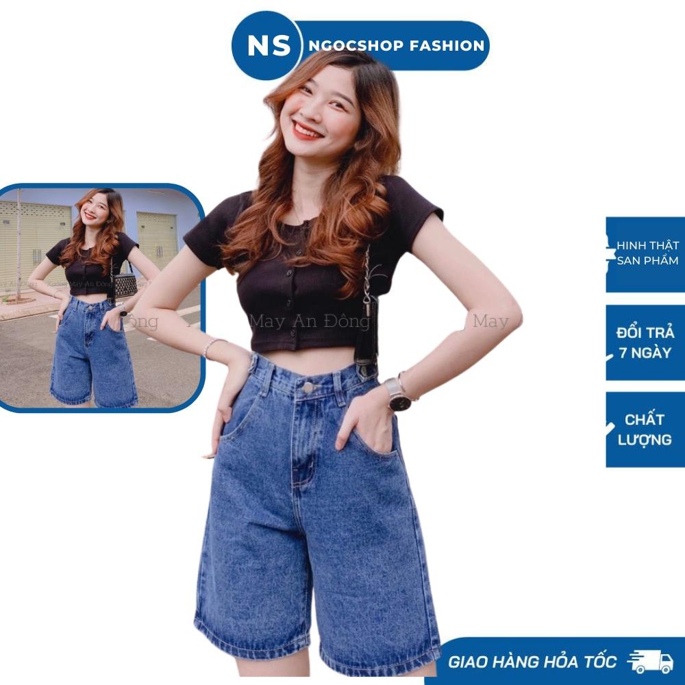 Quần ngố nữ ống rộng, quần short jean lưng cao mẫunh đâm- xanh nhạt 2 đai siêu dễ thương