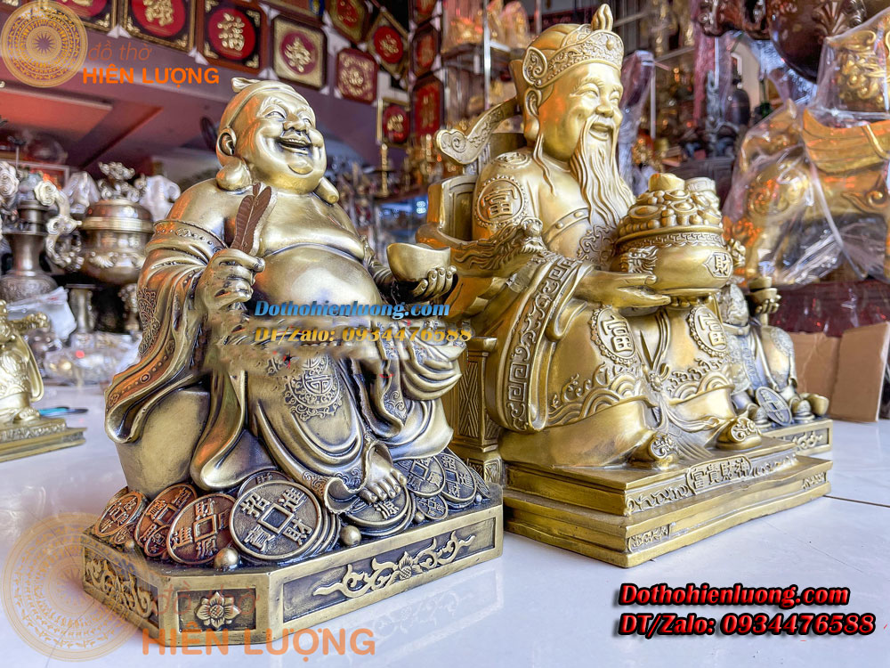 Bộ 03 Tượng Thần Tài - Thổ Địa - Ông Phát Hàng Đẹp Màu Vàng Loại To Bằng Đồng Nguyên Chất Cao 30cm Và 40cm