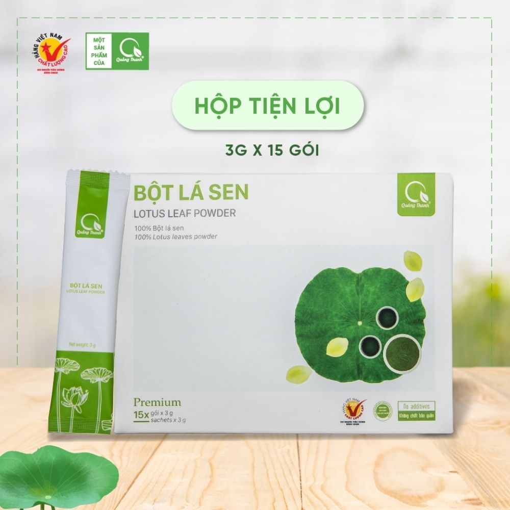 Hộp Bột Lá Sen Quảng Thanh gói nhỏ 15x3g - Hỗ trợ mất ngủ - Giảm mỡ trong máu - Giảm cân, tiêu mỡ