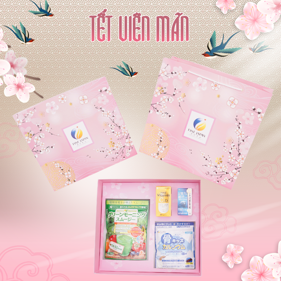 [Hộp quà Tết 2023] SAKURA TẾT VIÊN MÃN Fine Japan hộp quà cho cả gia đình (Bột rau xanh, Vitamin CD, bổ não, canxi cá tuyết)