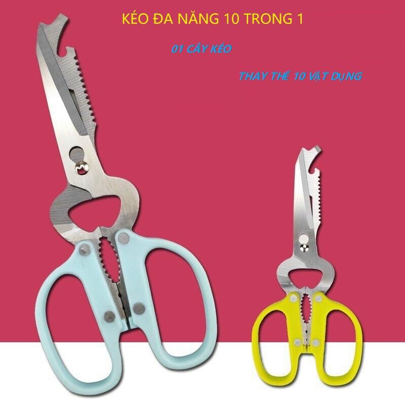 Kéo Đa năng 10 Trong 1 Cắt, Bổ, Mở Nắp Chai, Mở Lon, Kẹp Dây Điện,Đánh Vẩy Cá, Kẹp Quả, Vặn Vít, Nhổ Đinh