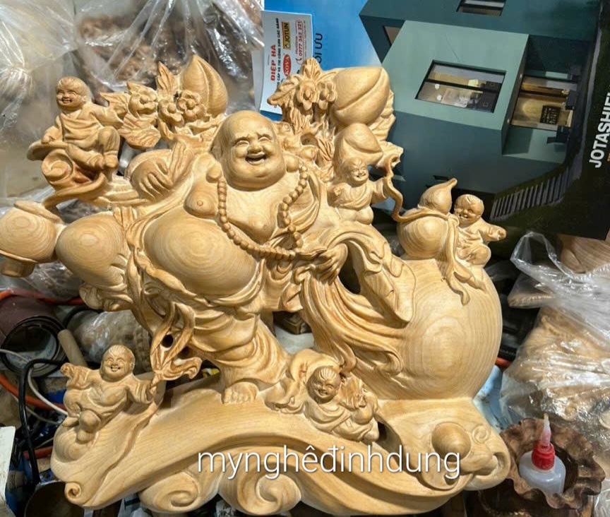 Tượng phật di lặc ngũ phúc bằng gỗ ngọc am thơm nức kt 40x35x14cm