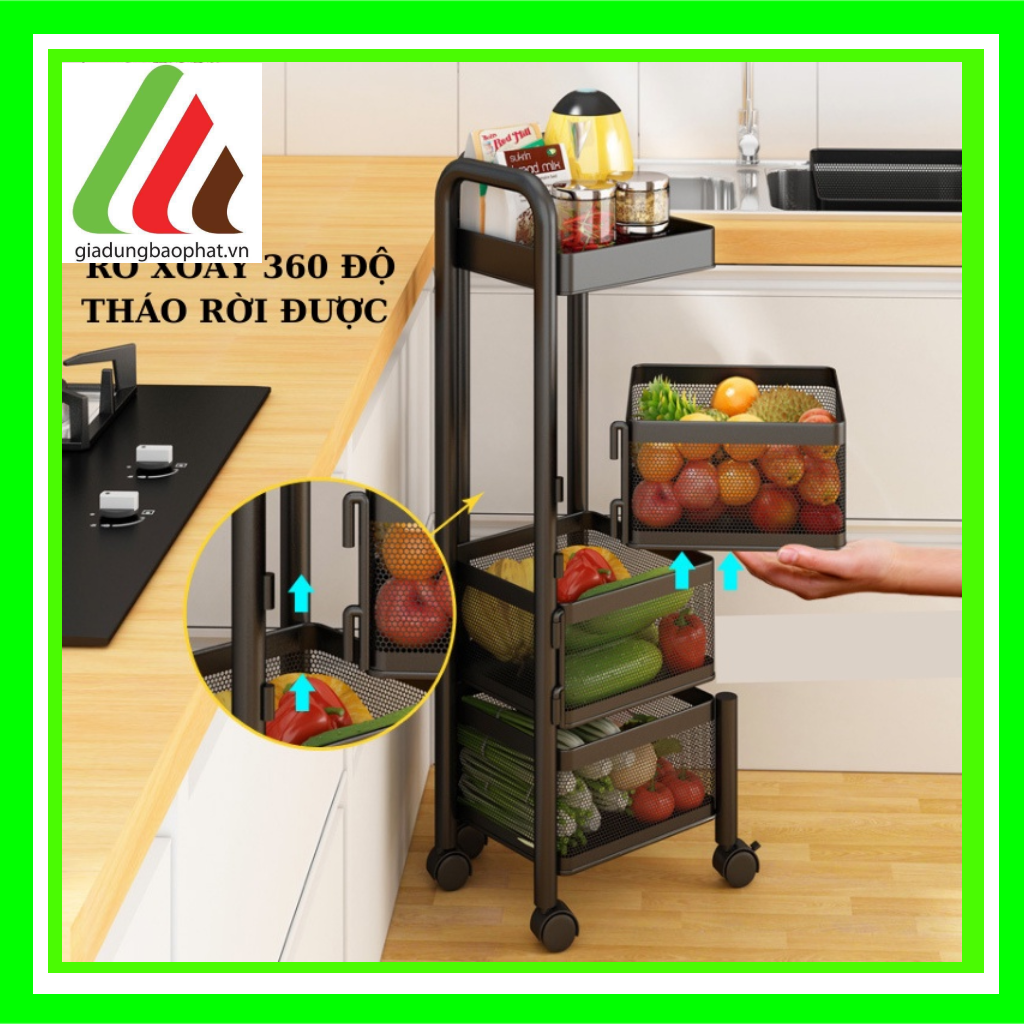 Kệ vuông tròn xoay đa năng 5 tầng để đồ nhà bếp, rau củ quả gọn gàng có bánh xe thông minh