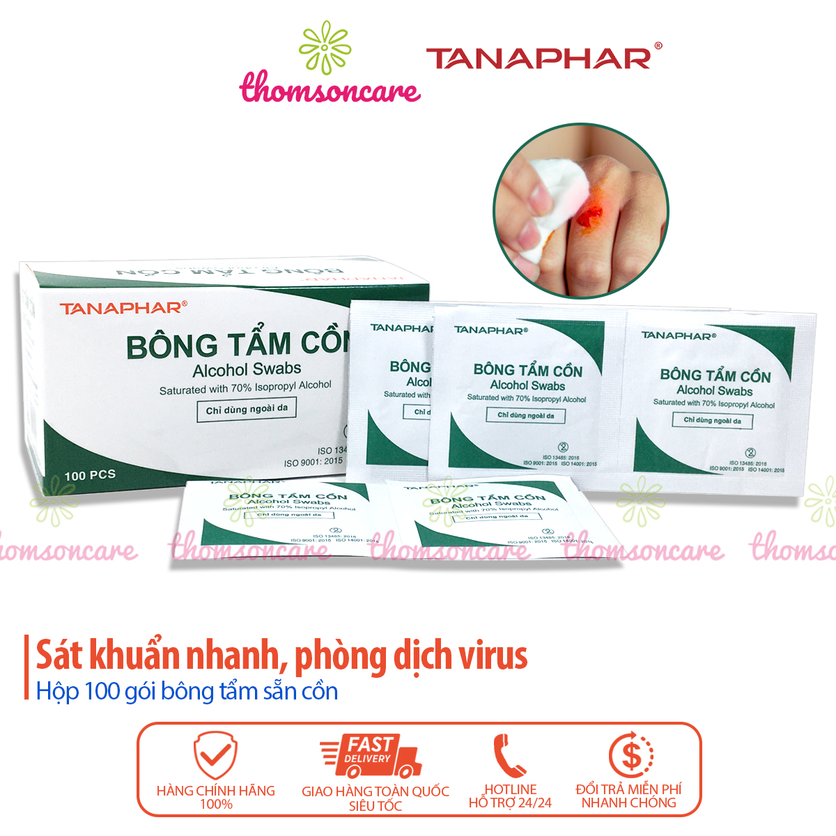 Bông tẩm cồn sát trùng TANAPHAR - Khử khuẩn, tránh virut - Hộp 100 gói tiện lợi, nhỏ gọn