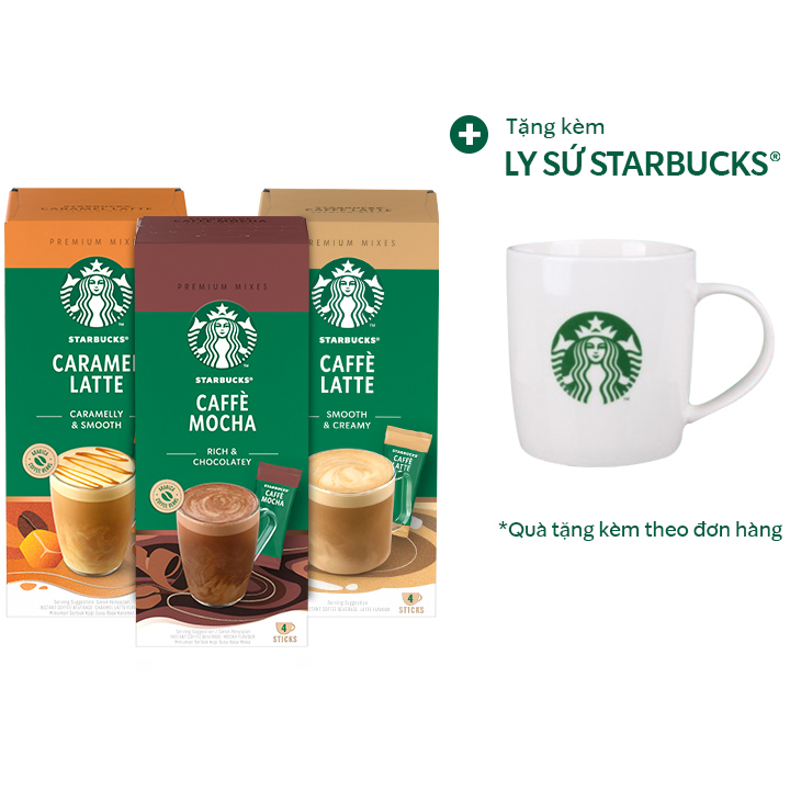 Combo 3 Hộp Cà phê hòa tan cao cấp Starbucks: Caffè Latte (Hộp 4 gói x 14g) + Caramel Latte (Hộp 4 gói x 23g) + Mocha (Hộp 4 gói x 22g) - [Tặng 1 Ly sứ Starbucks]