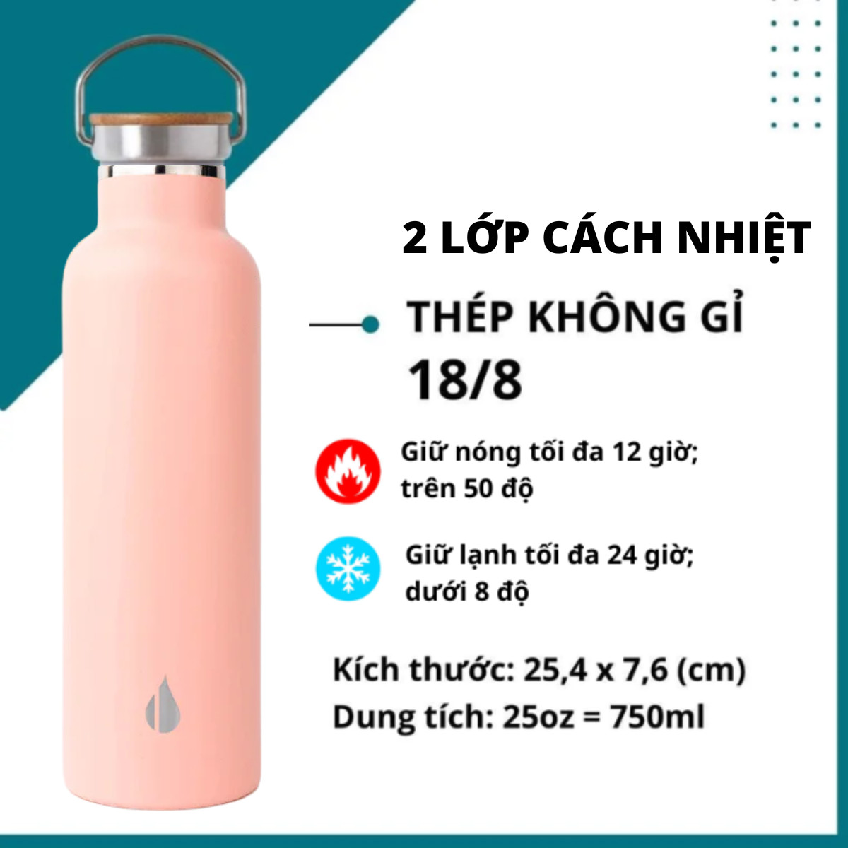 BÌNH GIỮ NHIỆT ELEMENTAL MÀU HỒNG (750ML), BÌNH NHẬP KHẨU MỸ, ĐẠT CHUẨN FDA HOA KỲ, THÉP 304 KHÔNG GỈ, GIỮ NÓNG LẠNH