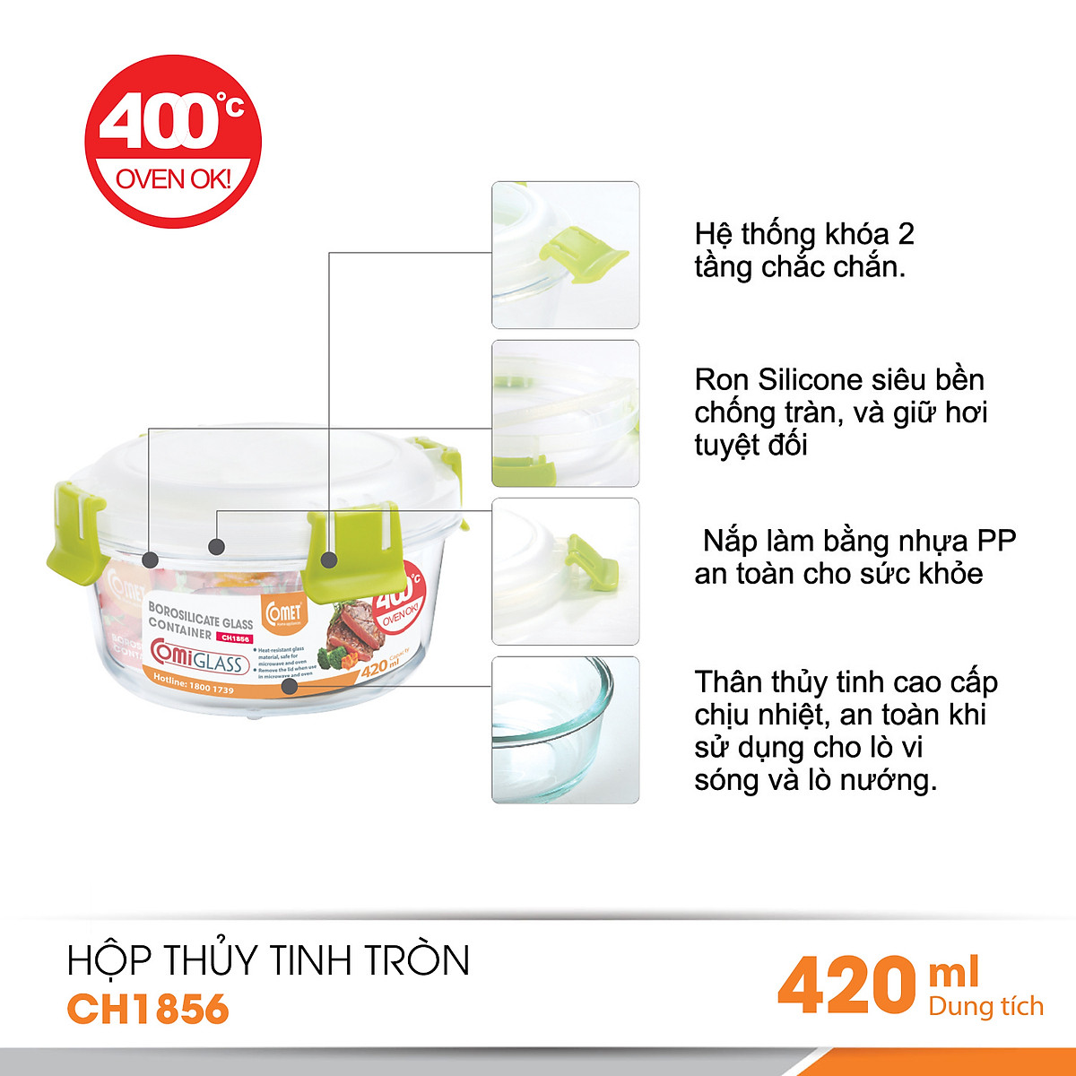 Hộp đựng thực phẩm thuỷ tinh 420ml Comet CH1856 - Hàng chính hãng