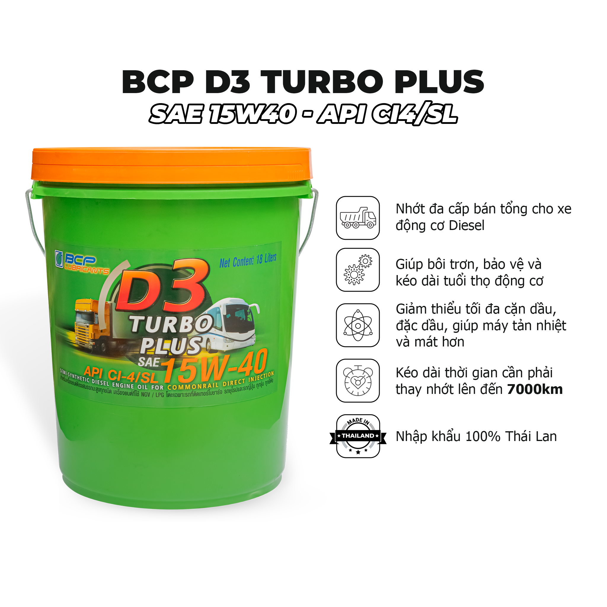 Dầu Nhớt Động Cơ Dầu BCP D3 Turbo Plus CI4/SL, SAE 15W40 - Xô 18L - Dầu nhớt ô tô, vận tải BCP Nhập Khẩu Thái Lan