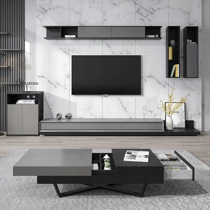COMBO kệ TV bàn trà hiện đại vân sồi màu xám + đen - Bộ nội thất phòng khách giá sốc LUX-KTV09