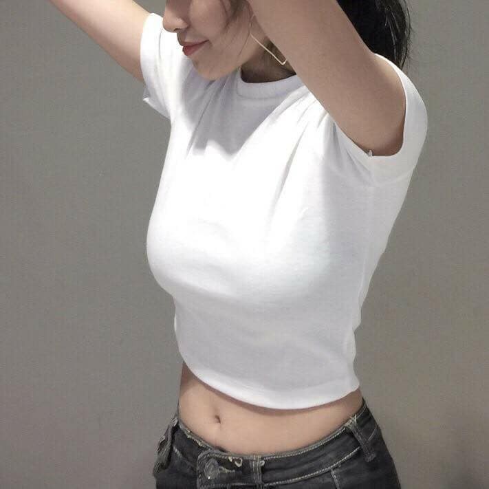 Áo phông ôm body cộc tay dáng ngắn croptop cổ tròn basic 2 màu đen, trắng cho nữ