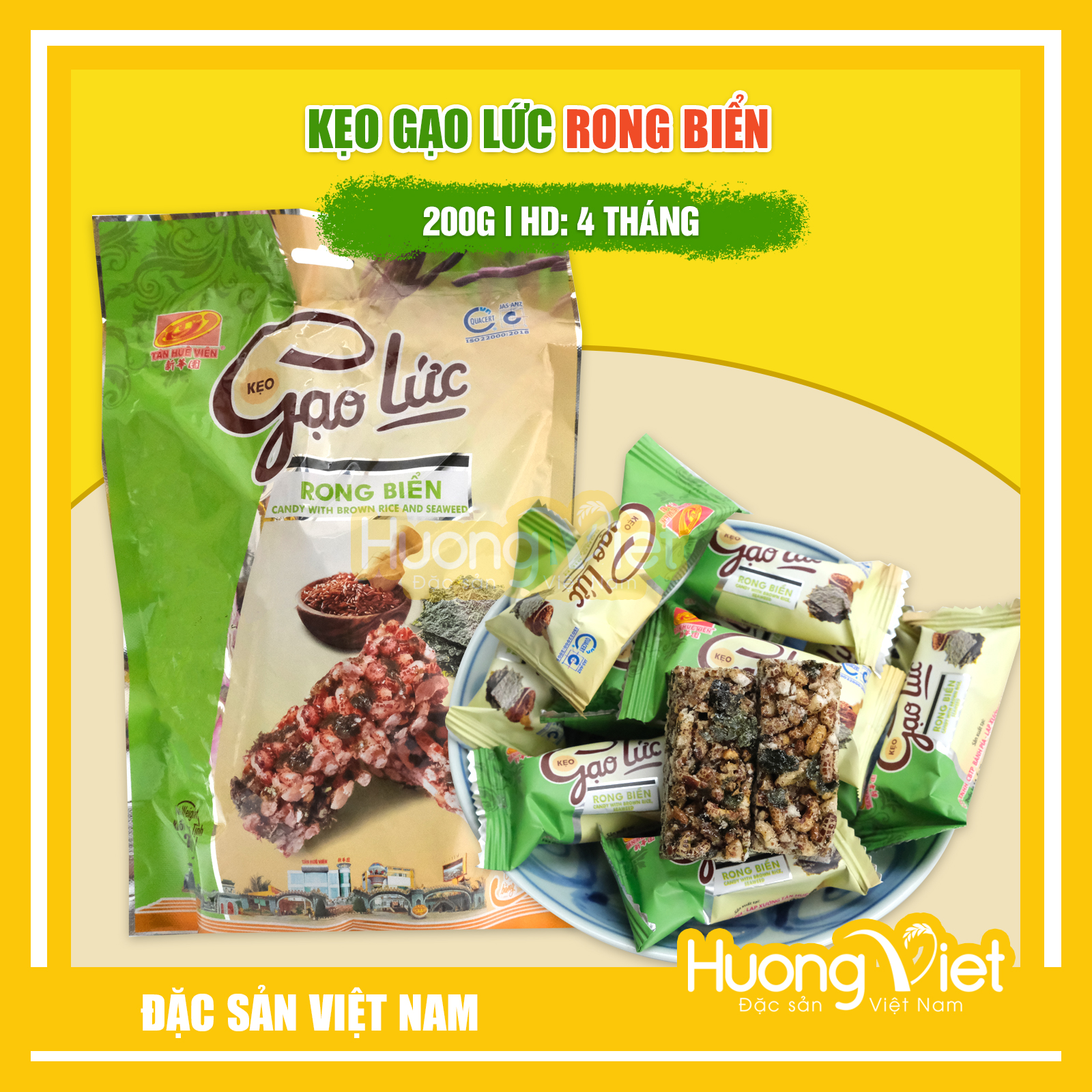 Đặc Sản Sóc Trăng - Kẹo Gạo Lức Rong Biển Giòn Tan Tân Huê Viên 200G, Kẹo Gạo Lứt Sóc Trăng, Thanh Gạo Lức Rong Biển