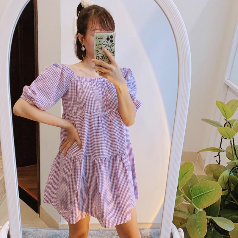 Đầm babydoll caro tím siêu dễ thương