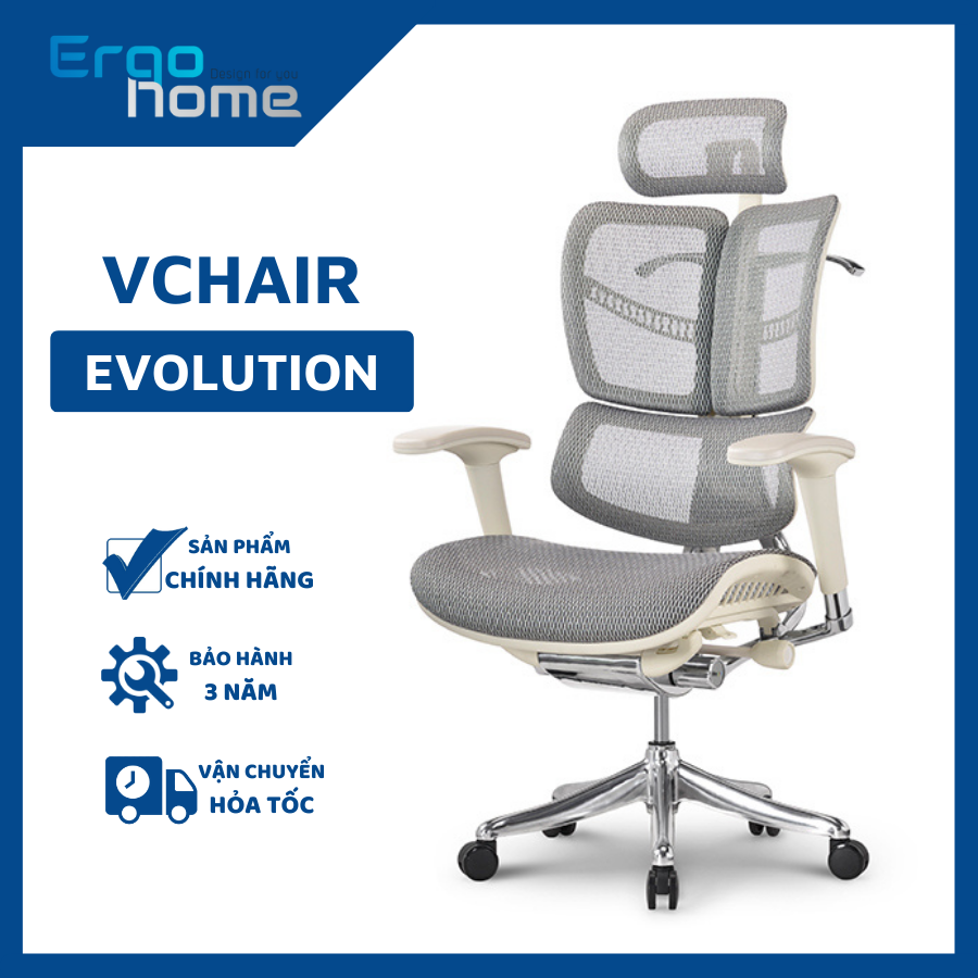 Ghế Văn Phòng Công thái học Ergonomic Vchair Evolution Ergohome, ghế làm việc thiết kế 3 lưng khung siêu chắc, chịu tải 150kg phù hợp cho người vóc dáng to cao, ngả sâu 130 độ, lưới chịu lực tốt - ERGOHOME