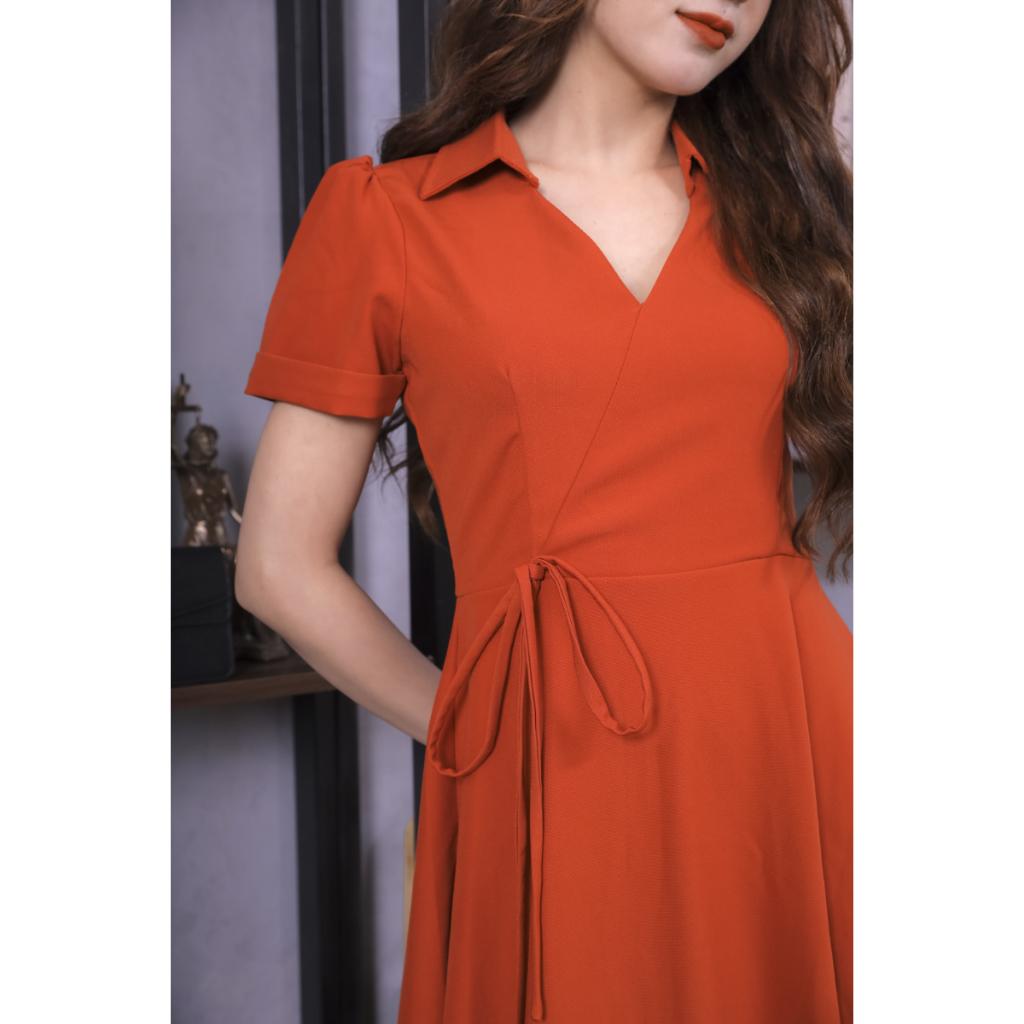 Váy Trơn Màu Cam Nơ Eo Cao Cấp 23V047 Pi Style