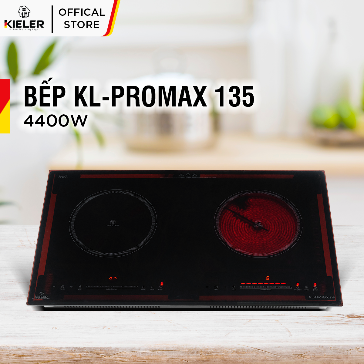 Bếp đôi điện từ hồng ngoại Kieler KL-PROMAX135 mặt kính Schott Ceran, Bếp đôi có chế độ cảm ứng chống tràn 4400W - Hàng Chính Hãng