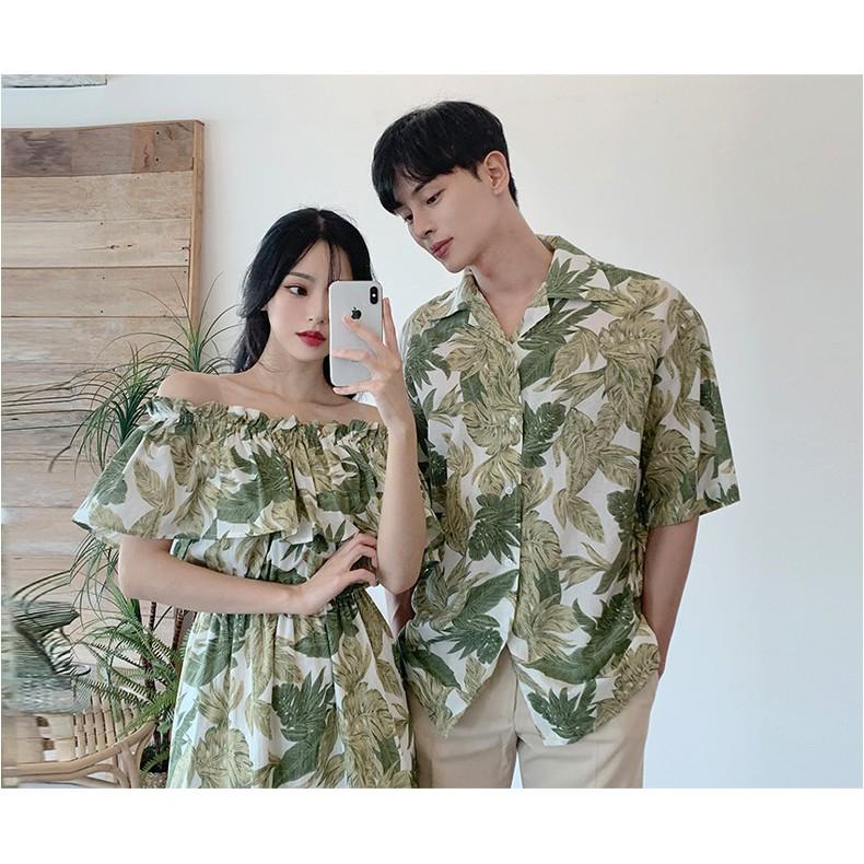 Set đồ đôi váy nữ hở vai áo sơ mi nam cổ V Hàn Quốc couple AV55