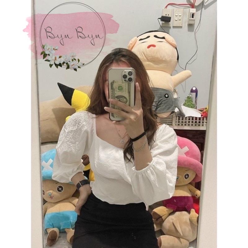 áo croptop tay phồng trễ vai cổ vuông trắng Thời Trang Hàn Quốc Cho Nữ 3 màu