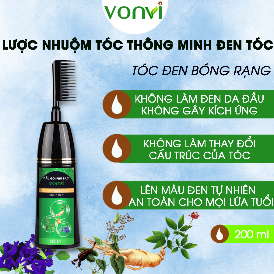 Lược nhuộm tóc đen VONVI không gây kích ứng dễ chải đen tóc với đầu lược thiết kế nhỏ gọn chai 200 ml