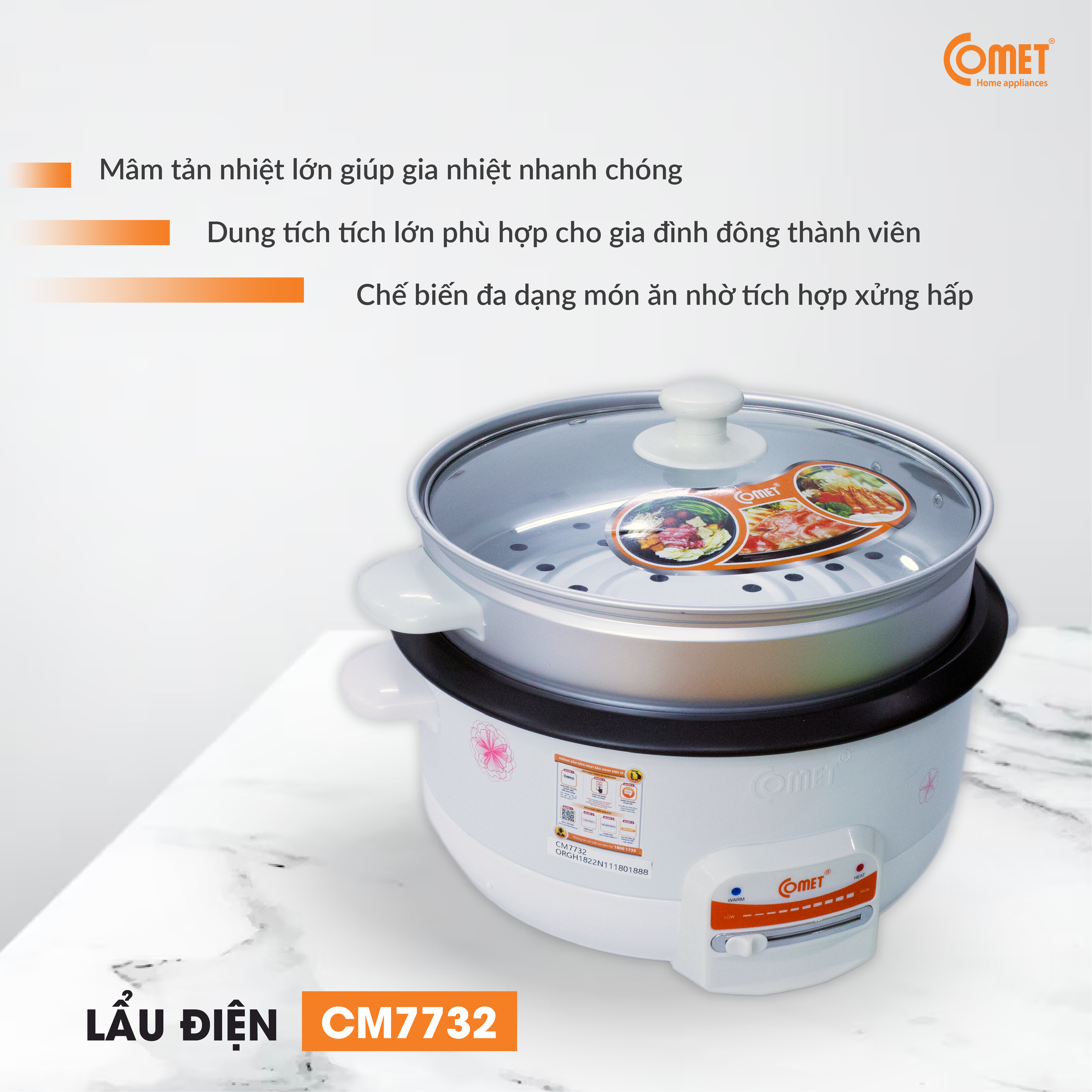 Lẩu Điện Comet CM7732 (3.5 Lít) - Hàng Chính Hãng