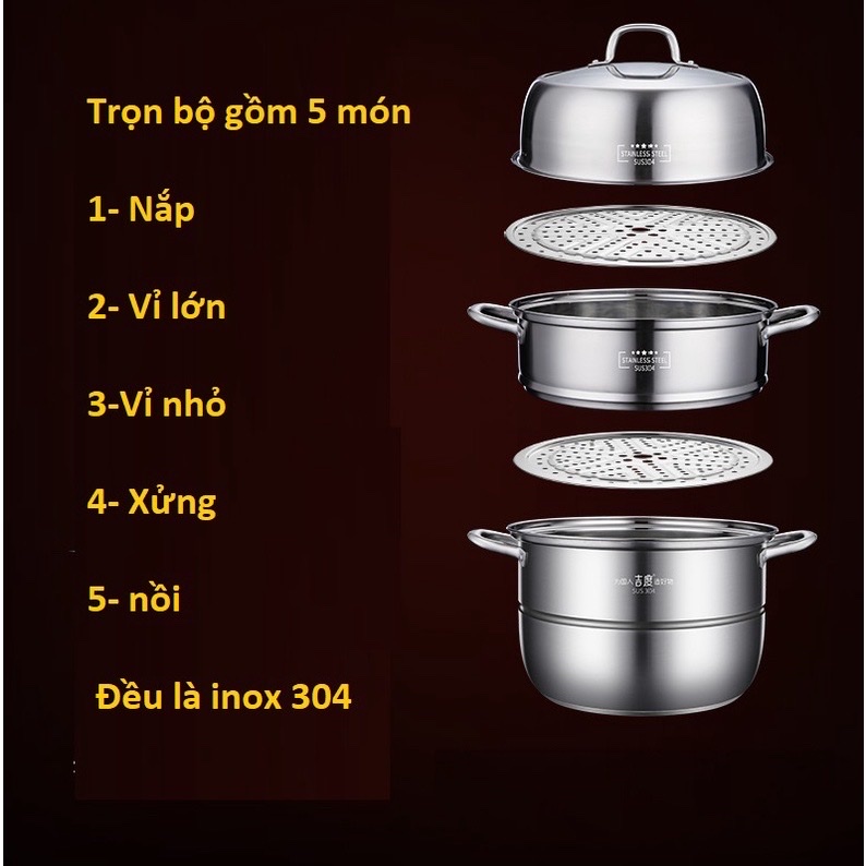 Nồi hấp thương hiệu JEDO Đa Chức Năng 3 Tầng chất liệu Toàn Bộ Inox 304 Cao Cấp size-30cm - dùng được bếp Từ