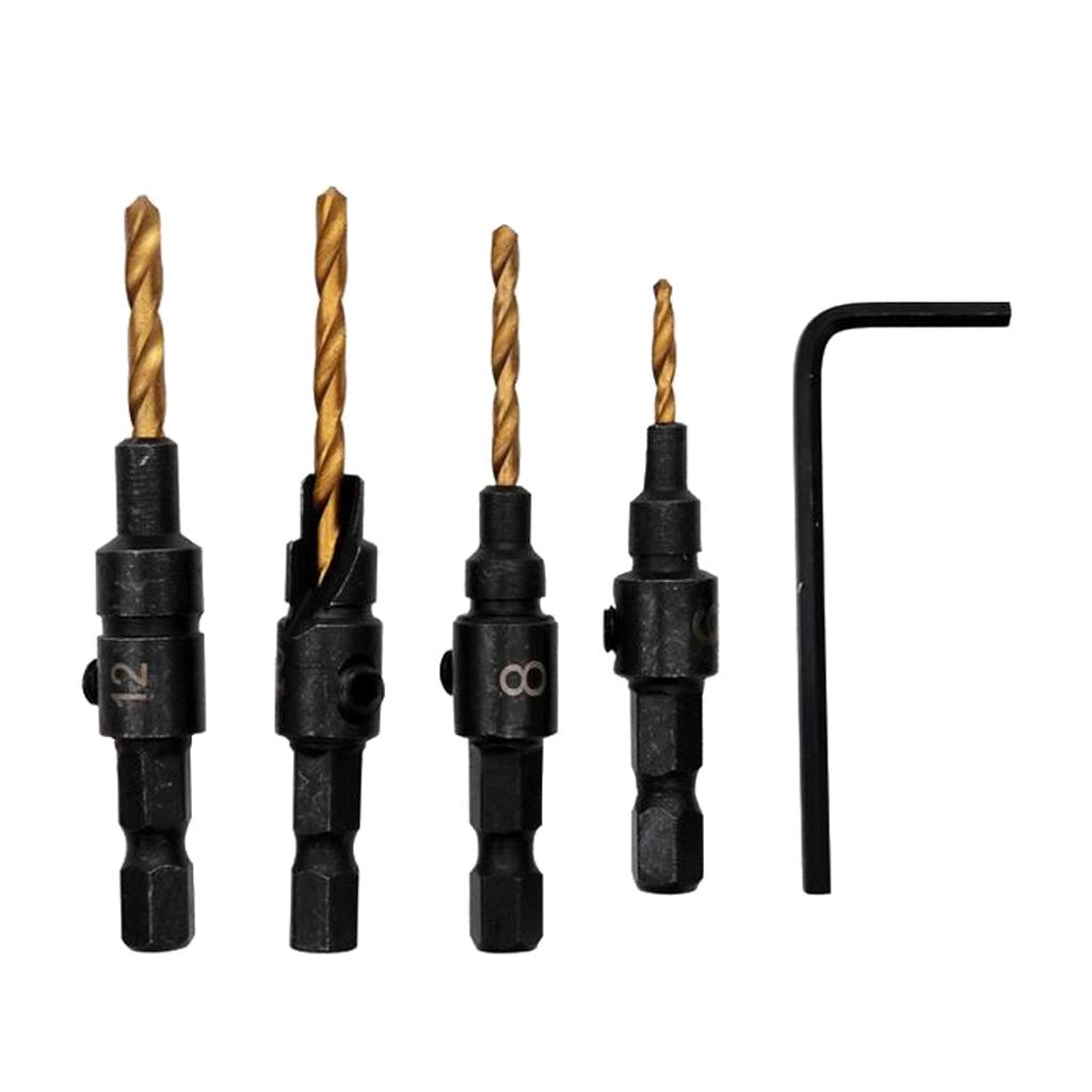 4x HSS Titanium Coated Countersink Drill Bit Set Quick Change Hex Shank Screw #6#8#10#12