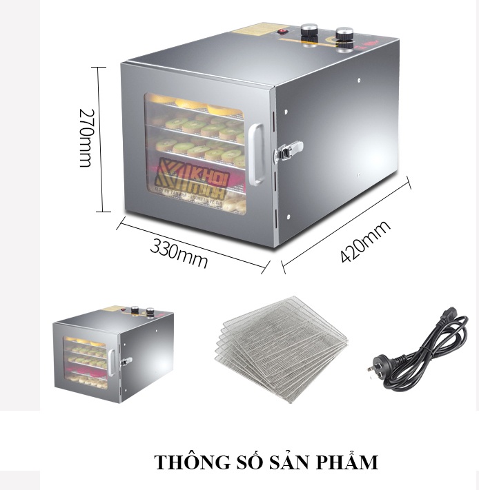 Máy sấy thực phẩm 6 tầng khay bằng Inox Tặng kèm 6 tấm Sillicons chống dính cho khay sấy