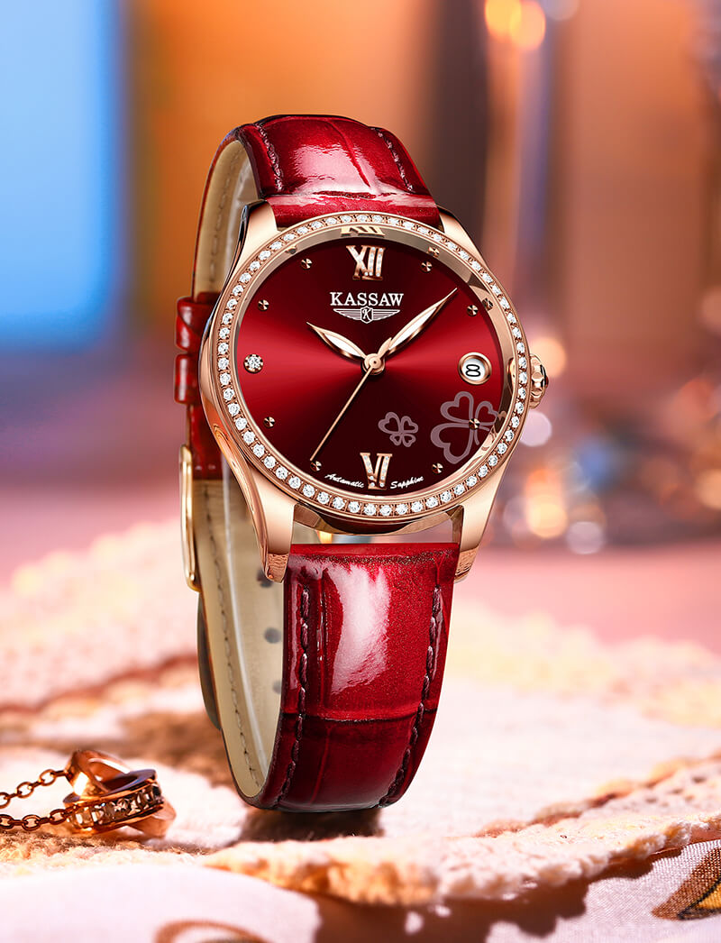 Đồng hồ nữ chính hãng KASSAW K996-1 ,Fullbox, Kính sapphire ,chống xước,chống nước,mặt đỏ vỏ vàng hồng dây da, thép không gỉ 316L, Mới 100%,Bảo hành 24 tháng,thiết kế lộ cơ đơn giản,trẻ trung và sang trọng